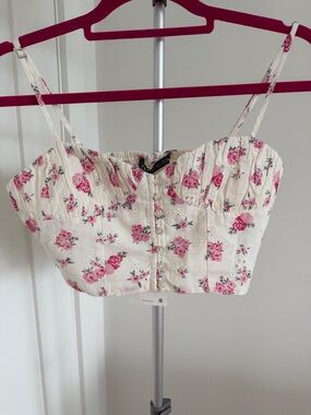 Zara Cream Crop Cami with Pink Floral Eyelet